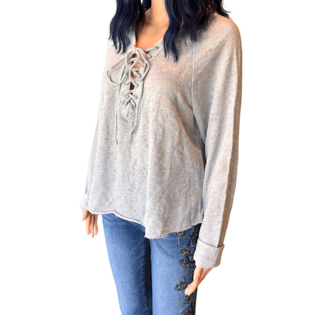 Anthropologie Maronie Light Gray Lace Up Hoodie - Large NEW