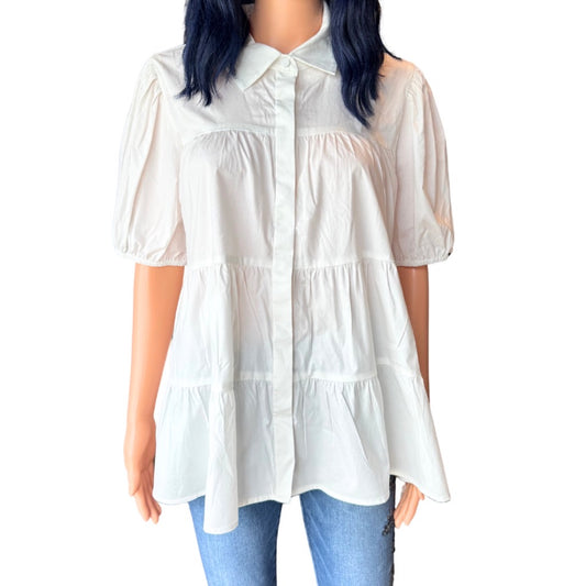 WAYF Canossa Tiered Puff Sleeve Blouse in Ivory - Large NWT