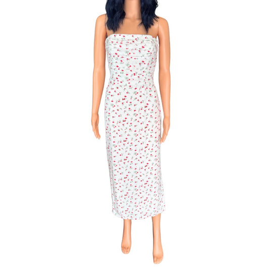 WAYF White Birdie Ruched Strapless Floral Midi Dress - Medium NEW