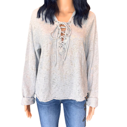 Anthropologie Maronie Light Gray Lace Up Hoodie - Large NEW