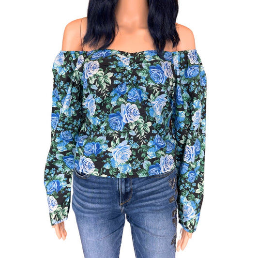 WAYF Black Blue Roses Off the Shoulder Floral Top - Small NWT