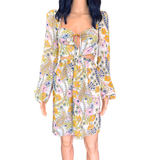 WAYF Hart Vintage Paisley Cut Out Babydoll Mini Dress - Large NWT